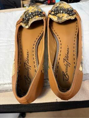 Beverly Feldman Tan Leather Flats with Yellow Mosaic & Jeweled Accent
